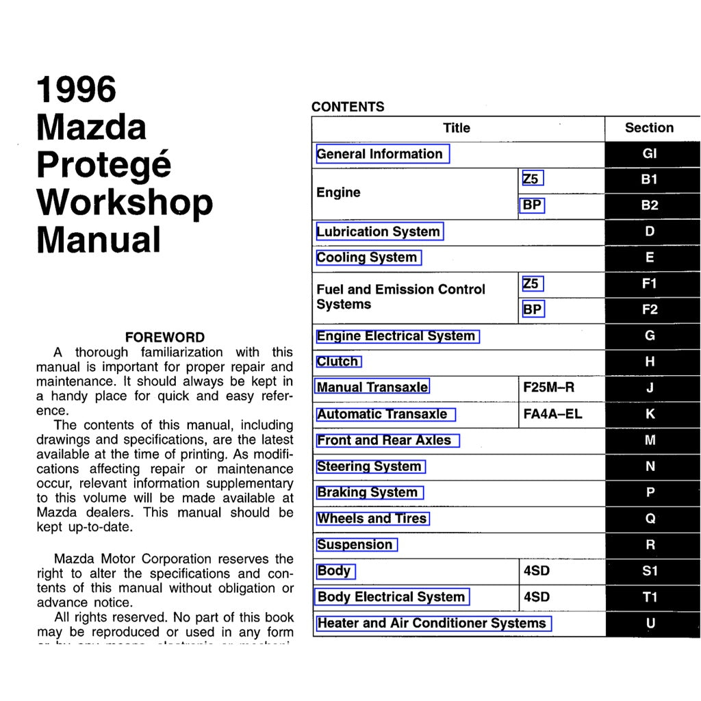 MAZDA 323 FAMILIA / PROTEGE BH (1994-1998) SERVICE WORKSHOP MANUAL