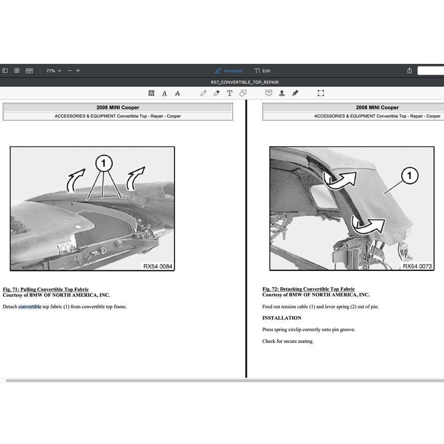 MINI COOPER R57 (2009-2013) CONVERTIBLE TOP SERVICE & REPAIR MANUAL