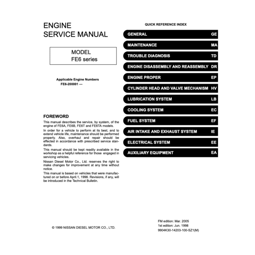 NISSAN UD DIESEL ENGINE FE6 / FE6A / FE6B / FE6T / FE6TA SERVICE REPAIR MANUAL