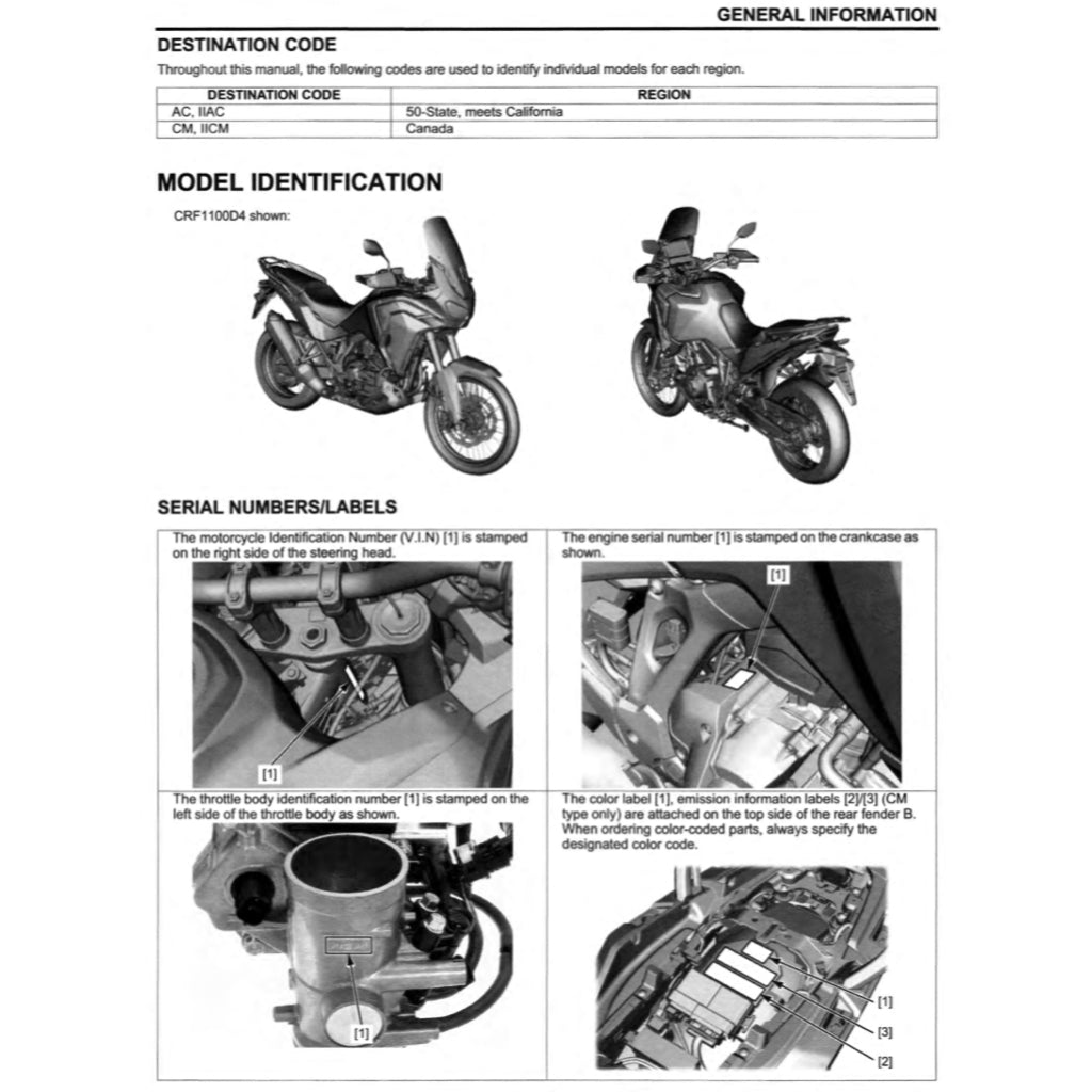 HONDA AFRICA TWIN CRF 1100 A/4/D/4 (2020-2023) SERVICE WORKSHOP MANUAL + PARTS CATALOGUE + OWNER'S MANUAL