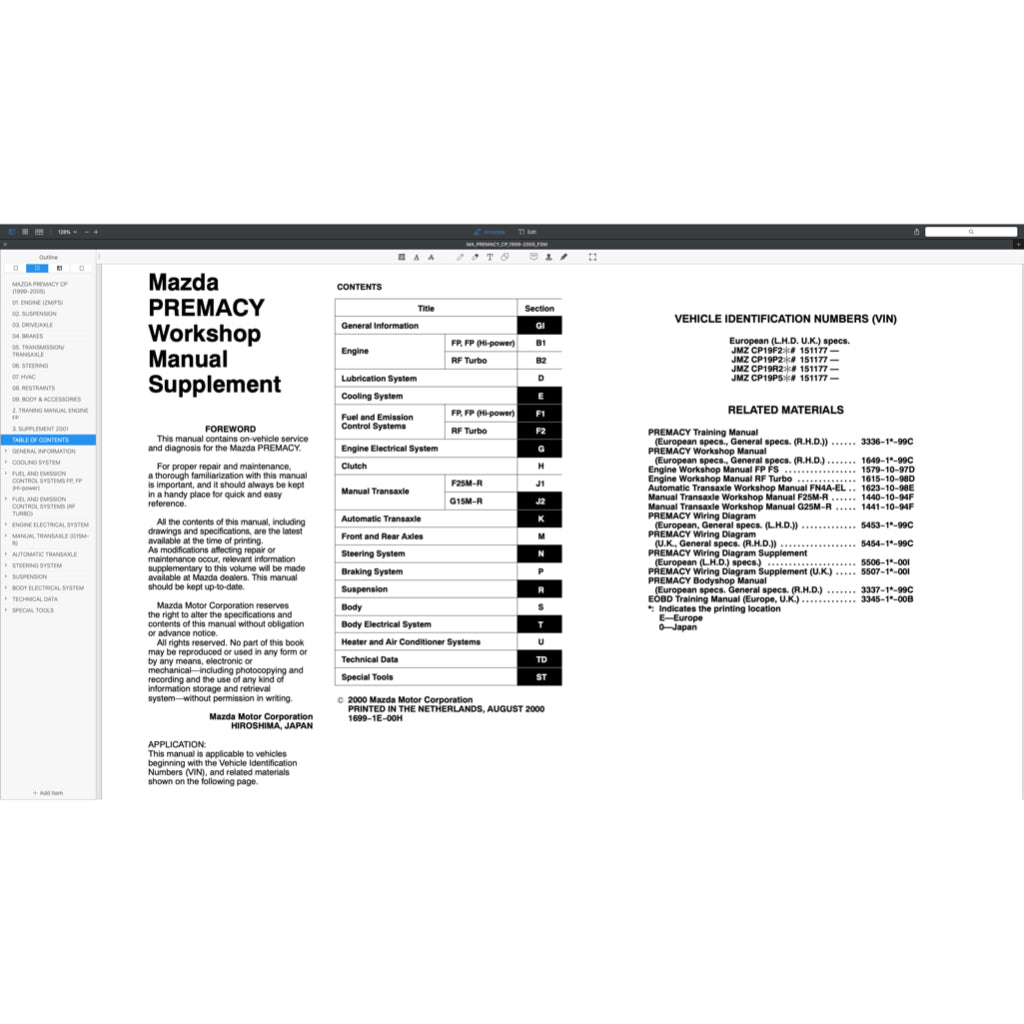 MAZDA MPV PREMACY CP (1999-2005) SERVICE WORKSHOP MANUAL