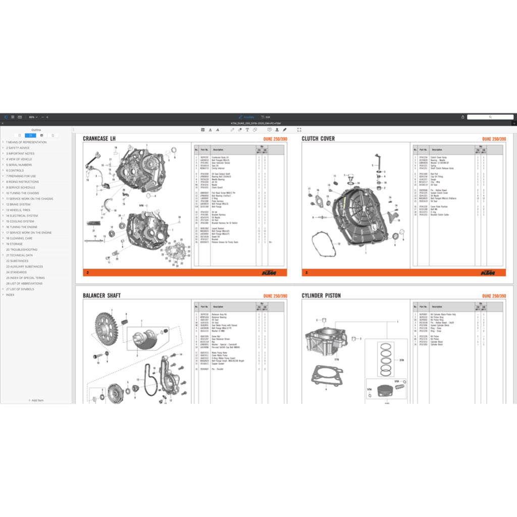 KTM DUKE 250 (2015-2024) SERVICE WORKSHOP MANUAL + PARTS CATALOGUE + OWNER'S MANUAL
