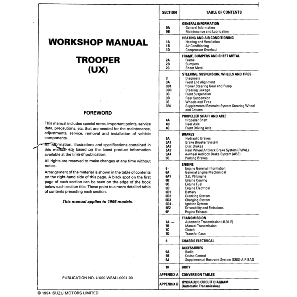 ISUZU TROOPER UX (1994-1997) SERVICE WORKSHOP MANUAL