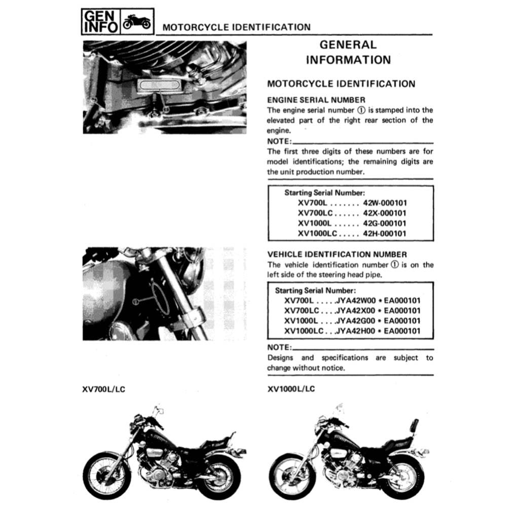 YAMAHA VIRAGO XV 700/750/1000/1100 (1985-1999) SERVICE WORKSHOP MANUAL + OWNER'S MANUAL