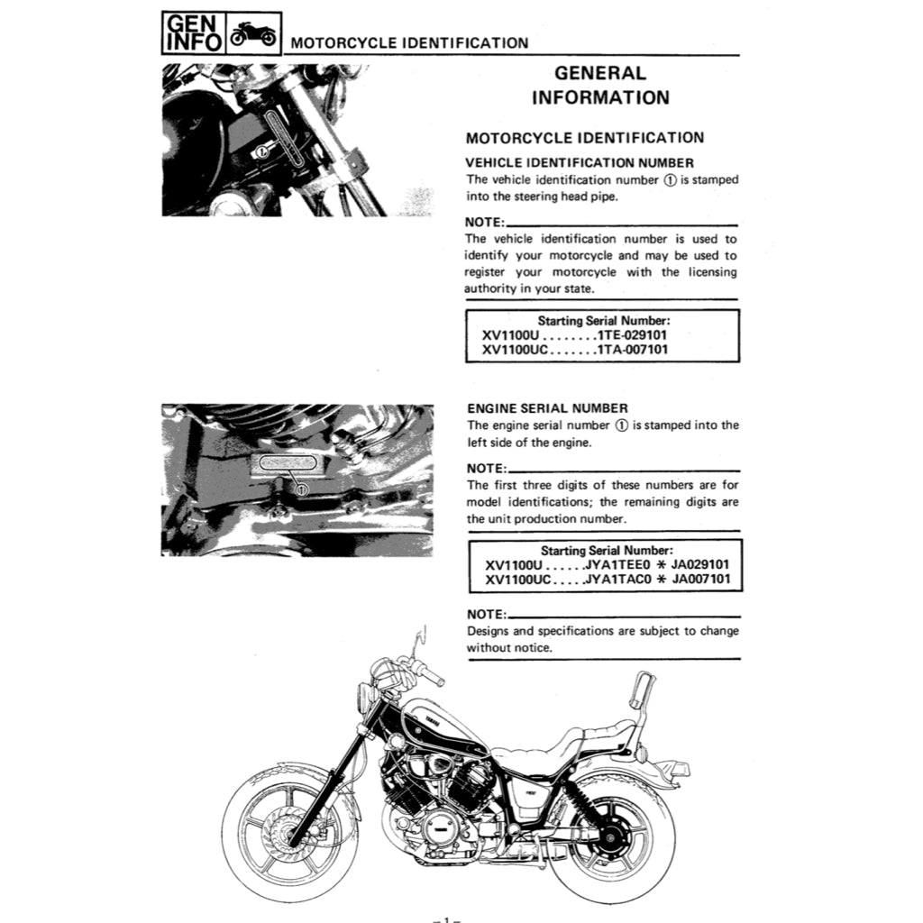 YAMAHA VIRAGO XV 700/750/1000/1100 (1985-1999) SERVICE WORKSHOP MANUAL + OWNER'S MANUAL