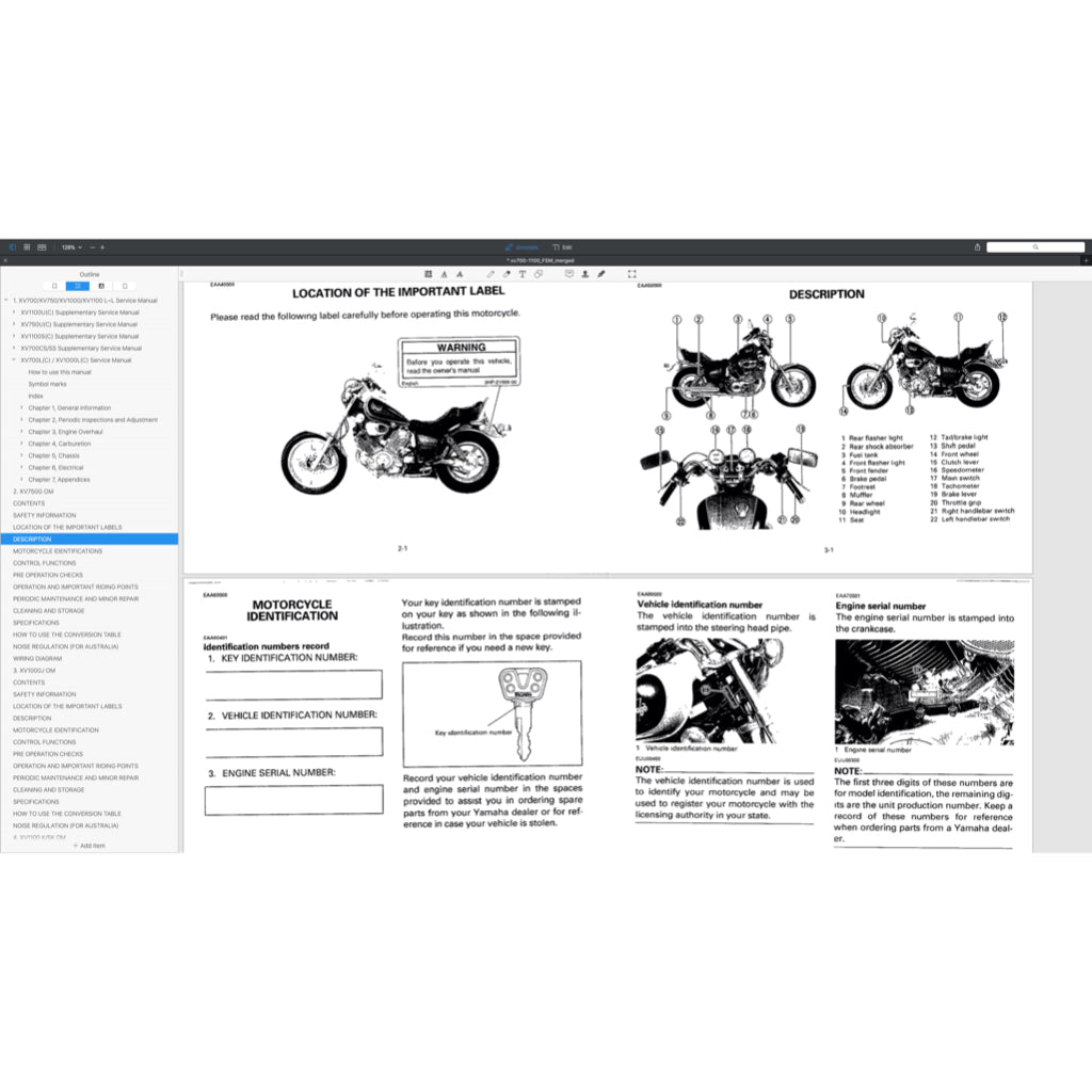YAMAHA VIRAGO XV 700/750/1000/1100 (1985-1999) SERVICE WORKSHOP MANUAL + OWNER'S MANUAL