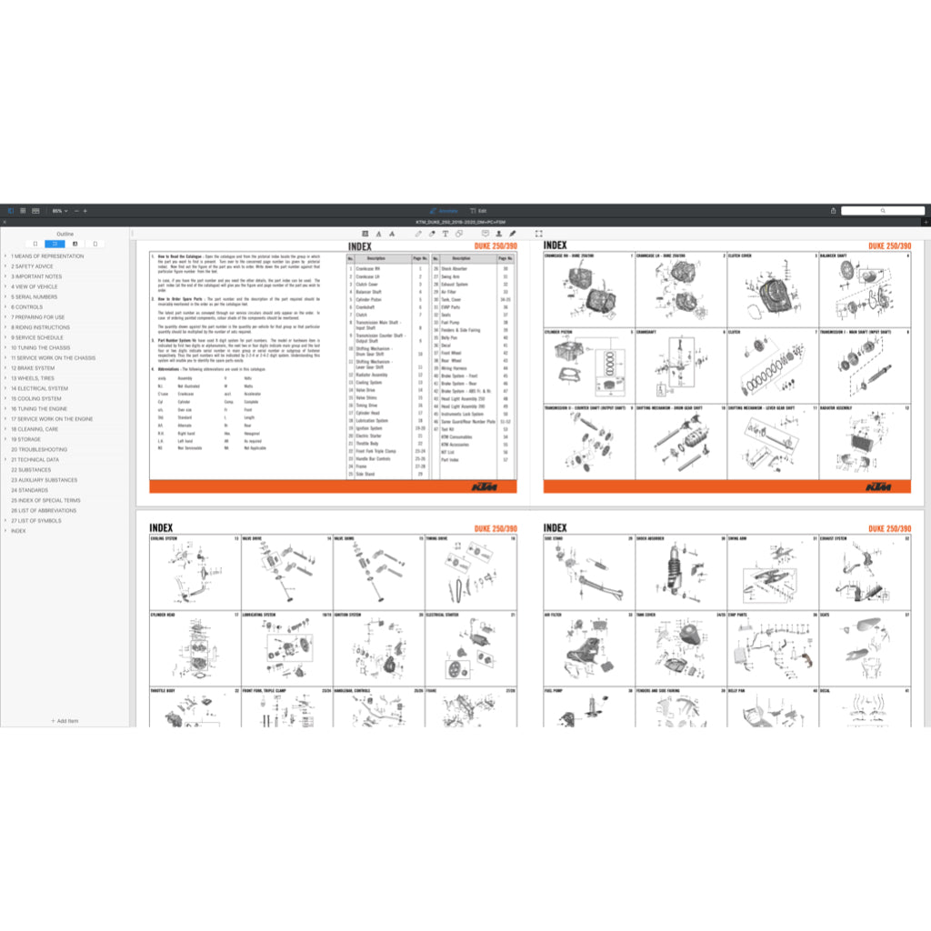 KTM DUKE 250 (2015-2024) SERVICE WORKSHOP MANUAL + PARTS CATALOGUE + OWNER'S MANUAL
