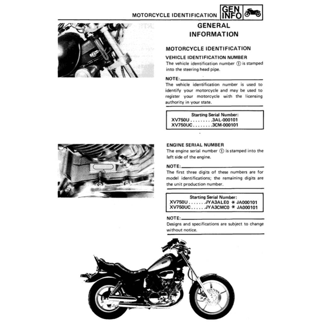 YAMAHA VIRAGO XV 700/750/1000/1100 (1985-1999) SERVICE WORKSHOP MANUAL + OWNER'S MANUAL