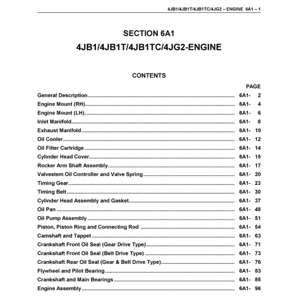ISUZU ENGINE 4J SERIES (B1/B1T/B1TC/G2) SERVICE WORKSHOP MANUAL