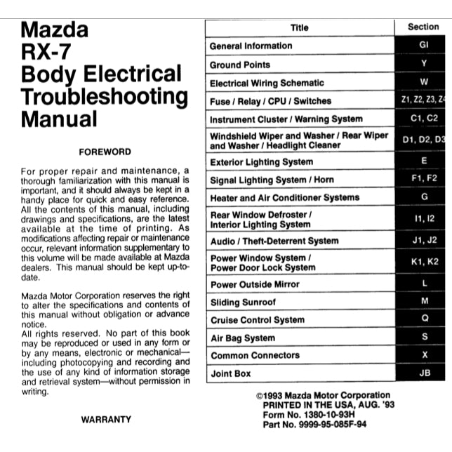 MAZDA RX-7 FD (1993-1997) SERVICE WORKSHOP MANUAL + WIRING DIAGRAM + ELECTRICAL TROUBLESHOOTING MANUAL