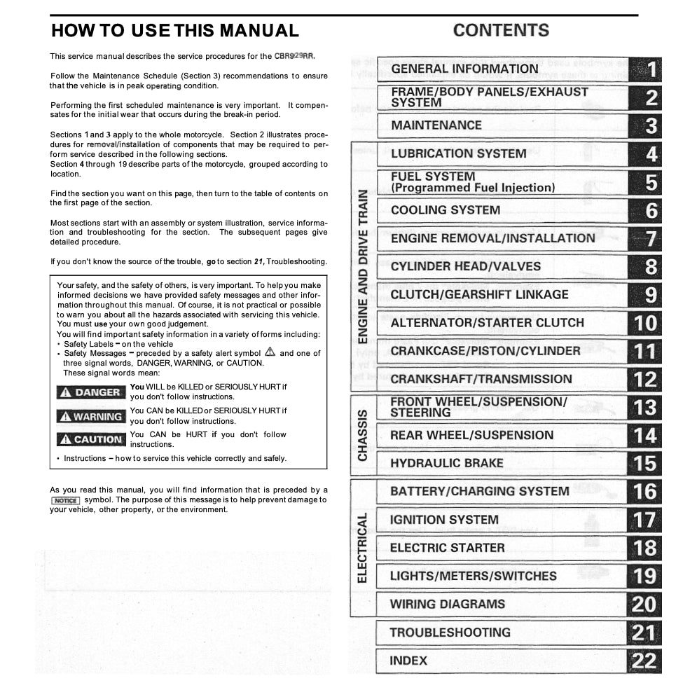 HONDA CBR929RR SC44 (2000-2002) SERVICE WORKSHOP MANUAL + PARTS CATALOGUE + OWNER'S MANUAL