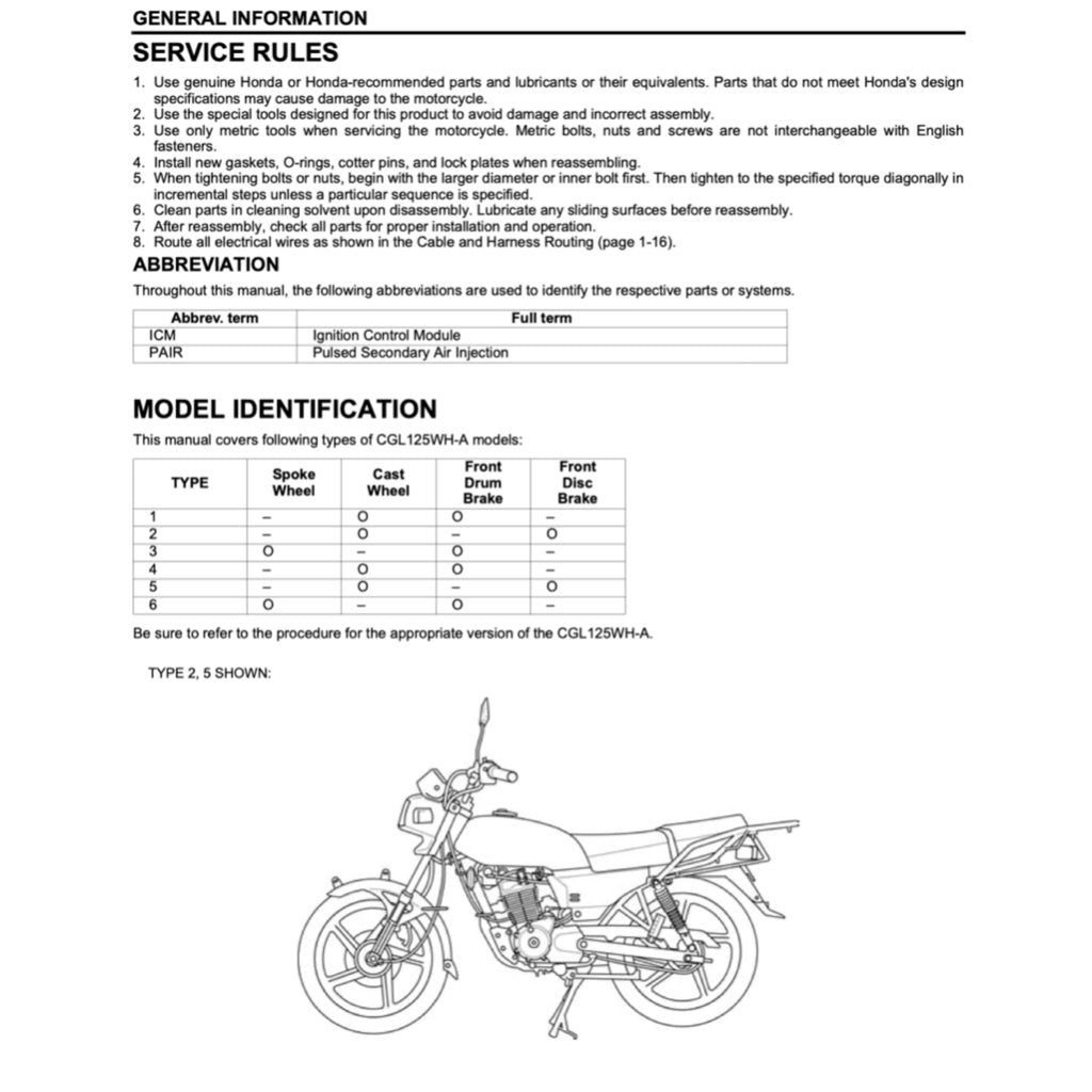 HONDA CGL125 WH-A (2006-2015) SERVICE WORKSHOP MANUAL + PARTS CATALOGUE