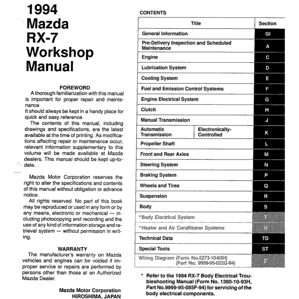 MAZDA RX-7 FD (1993-1997) SERVICE WORKSHOP MANUAL + WIRING DIAGRAM + ELECTRICAL TROUBLESHOOTING MANUAL