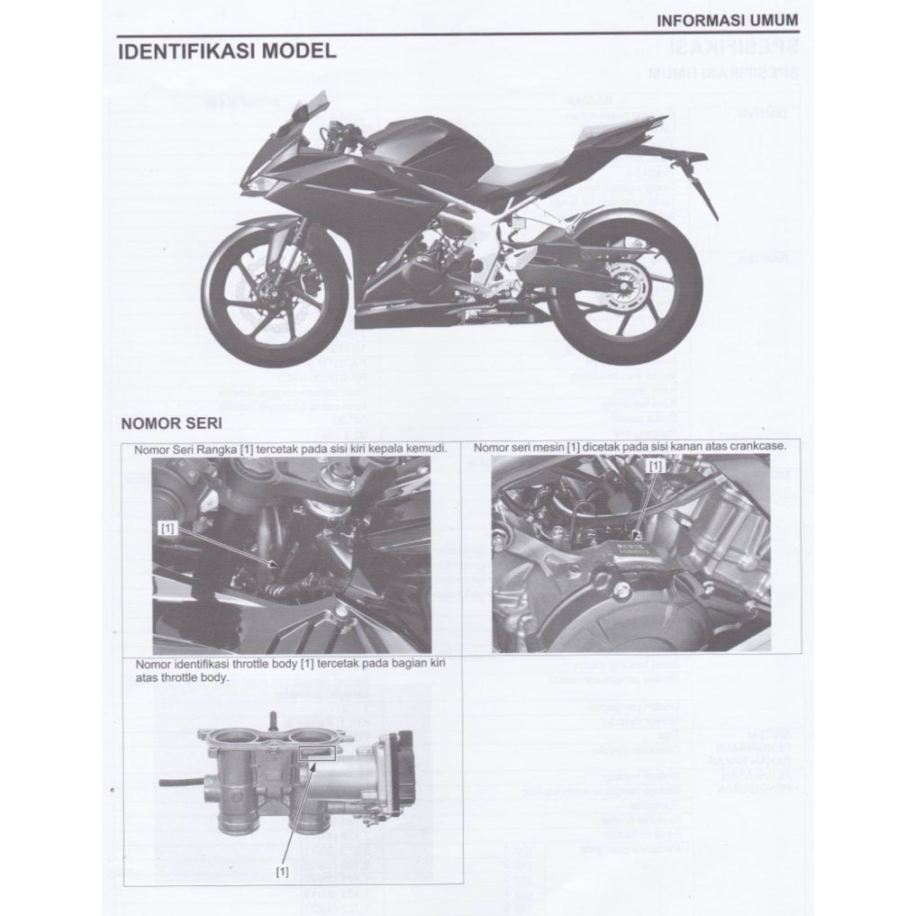HONDA CBR 250RR CBR250RR MC51 (2017-2023) SERVICE WORKSHOP MANUAL + PARTS CATALOGUE + OWNER'S MANUAL - BAHASA INDONESIA