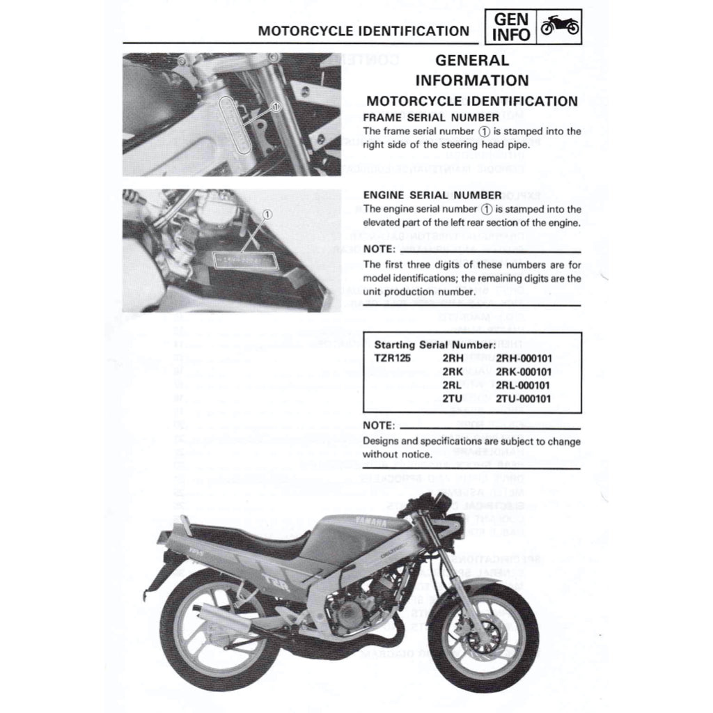 YAMAHA TZR125 (1987-1996) SERVICE WORKSHOP MANUAL + PARTS CATALOGUE + OWNER'S MANUAL