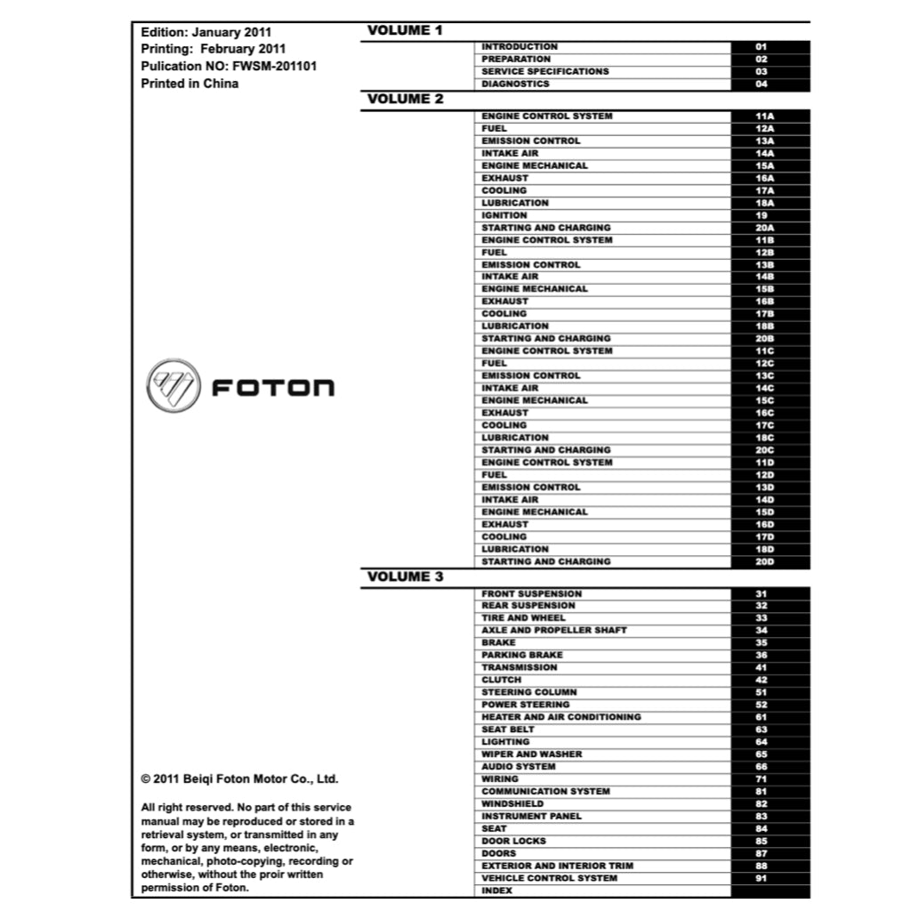 FOTON VIEW C2 (2011-2016) SERVICE WORKSHOP MANUAL