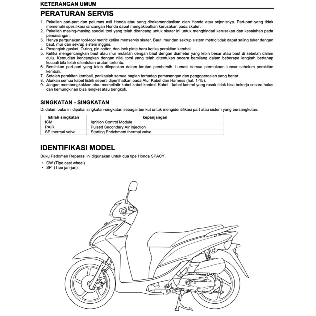 HONDA SPACY 110 NSC110 (2011-2018) SERVICE WORKSHOP MANUAL+PARTS CATALOGUE+OWNER MANUAL - BAHASA INDONESIA