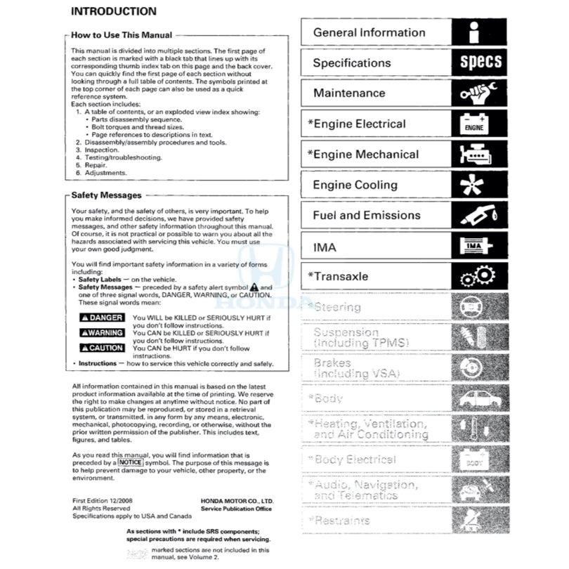 HONDA CIVIC 8 HYBRID FA3 (2006-2011) SERVICE WORKSHOP MANUAL