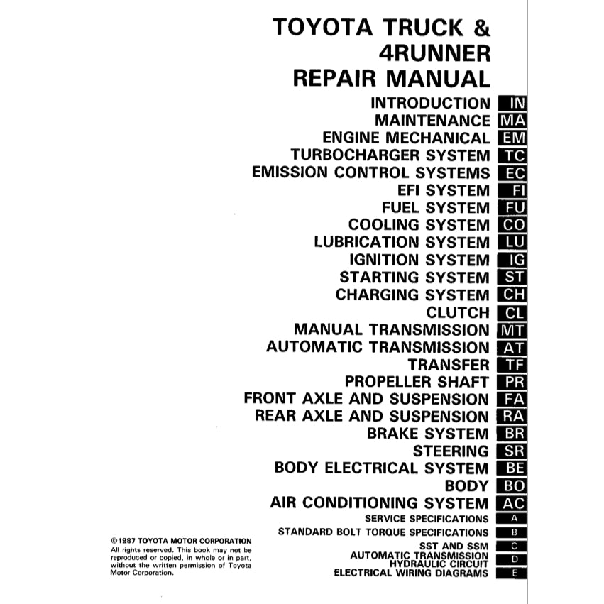 TOYOTA 4RUNNER N60 (1984-1989) SERVICE WORKSHOP MANUAL