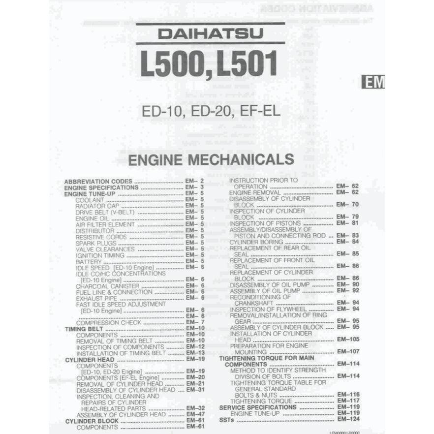 DAIHATSU MIRA L500 / L501 (1994-1998) SERVICE WORKSHOP MANUAL