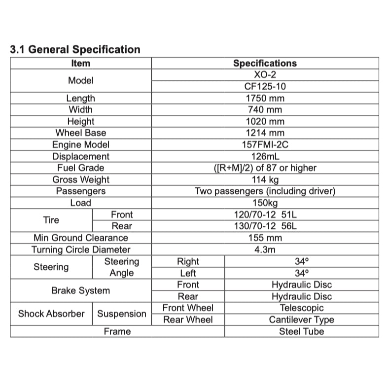 CFMOTO PAPIO XO-2 TRAIL (2024+) SERVICE WORKSHOP MANUAL + OWNER'S MANUAL