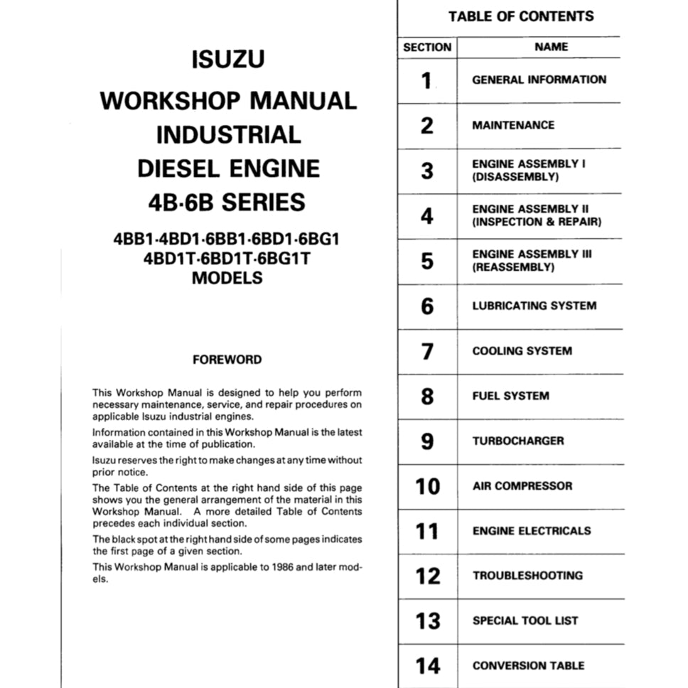 ISUZU ENGINE 4B-6B SERIES (4BB1-4BD1-6BB1-6BD1-6BG1 4BD1T-6BD1T-6BG1T) SERVICE WORKSHOP MANUAL