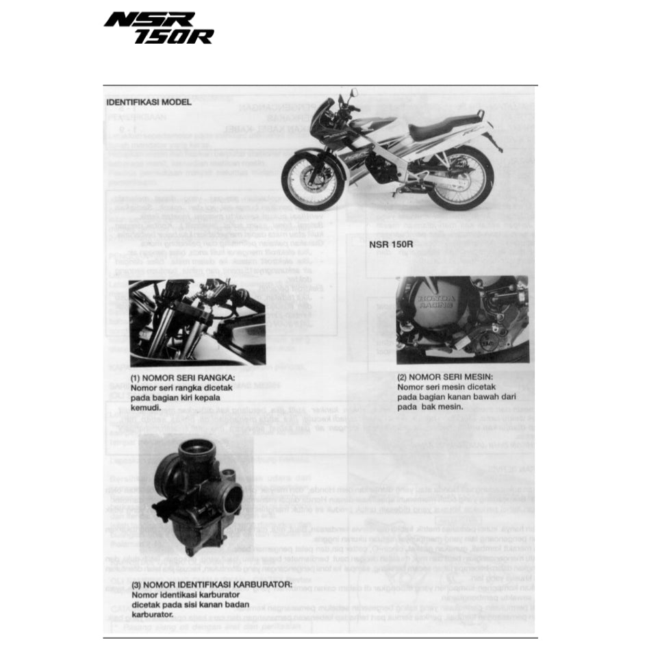 HONDA NSR150R NSR150 R NSR 150R (1995-1997) SERVICE WORKSHOP MANUAL+ PARTS CATALOGUE- BAHASA INDONESIA