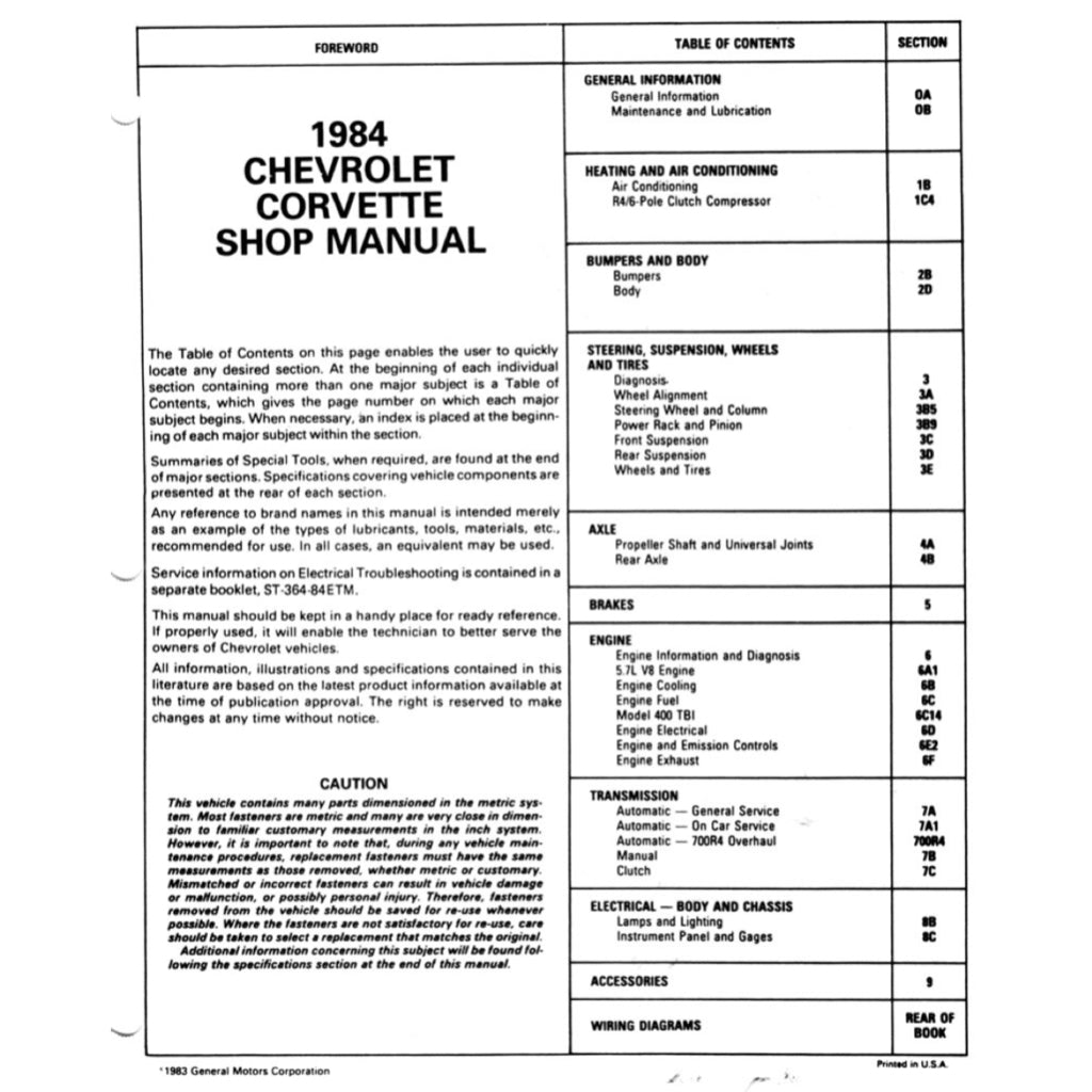 CHEVROLET CORVETTE C4 (1984-1996) SERVICE WORKSHOP MANUAL
