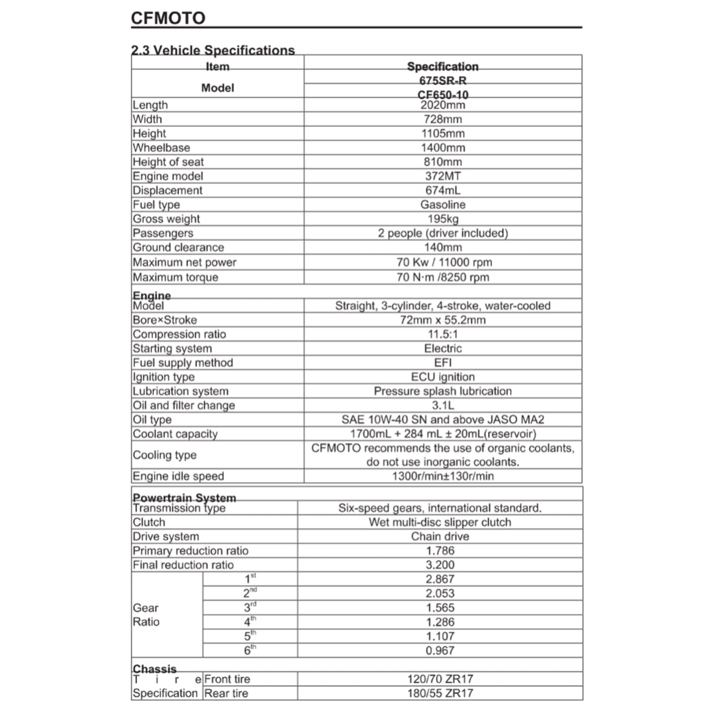 CFMOTO 675SR-R (2025+) SERVICE WORKSHOP MANUAL + OWNER'S MANUAL