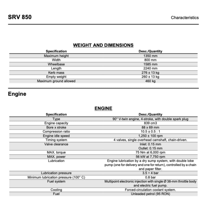 APRILIA SRV850 (2012-2016) SERVICE WORKSHOP MANUAL + PARTS CATALOGUE