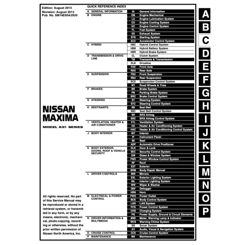 NISSAN MAXIMA A35 (2009-2015) SERVICE WORKSHOP MANUAL