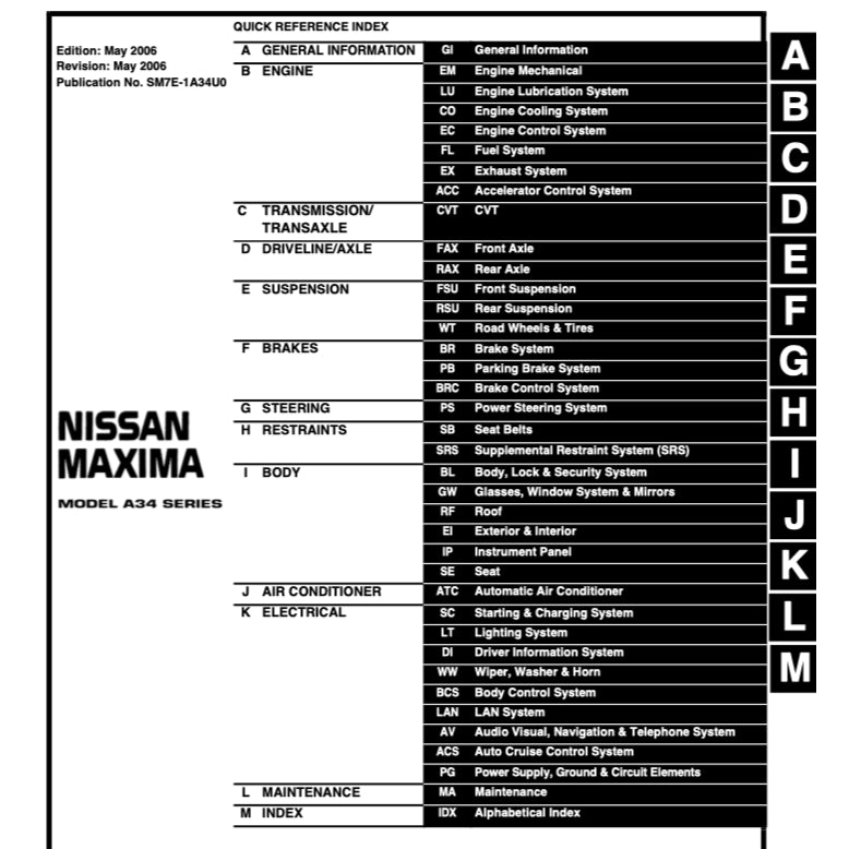 NISSAN MAXIMA A34 (2004-2008) SERVICE WORKSHOP MANUAL