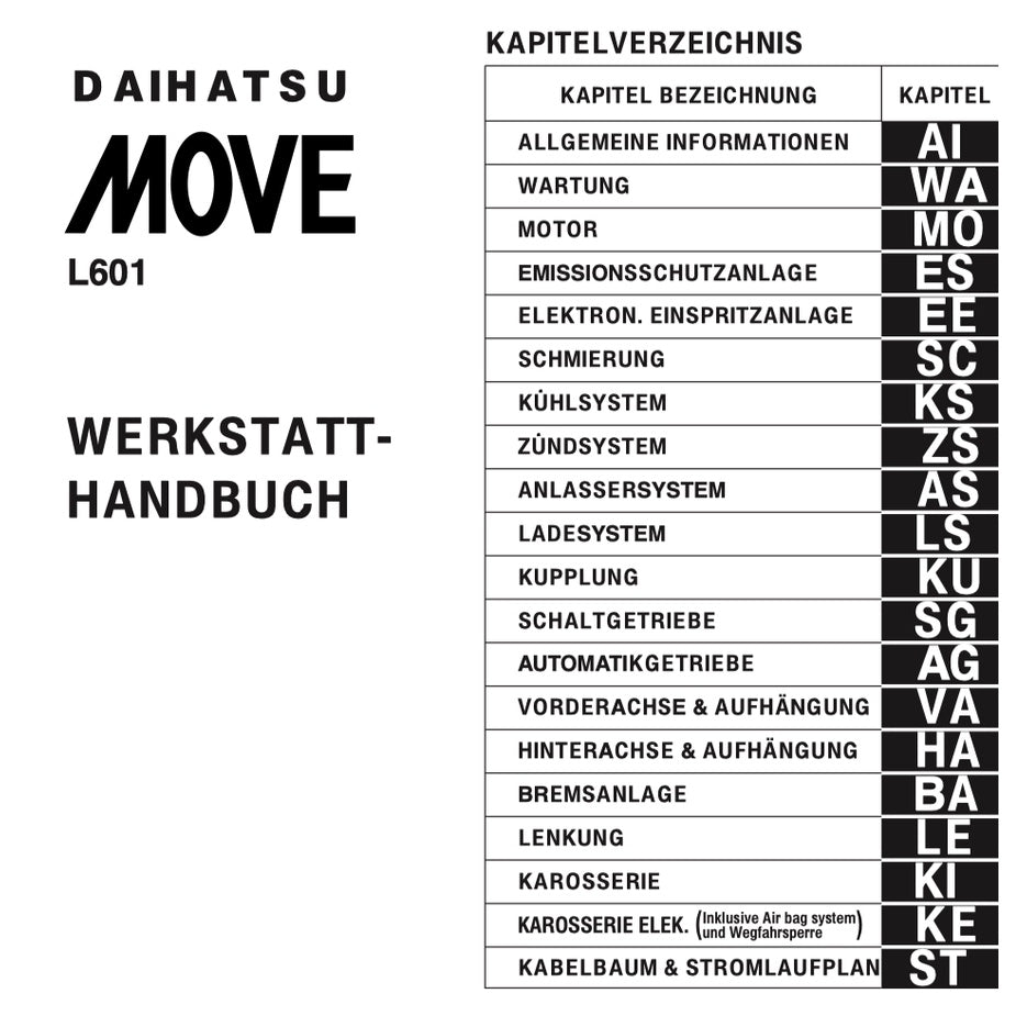 DAIHATSU MOVE L601 GERMAN LANGUAGE EDITION (1995-1998) SERVICE WORKSHOP MANUAL
