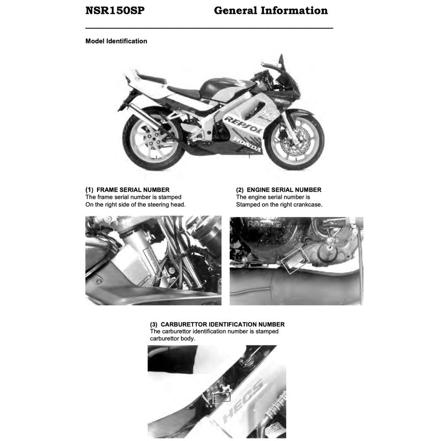 HONDA NSR 150SP (1997-2010) SERVICE WORKSHOP MANUAL + PARTS CATALOGUE + OWNER'S MANUAL - REPSOL REPLICA