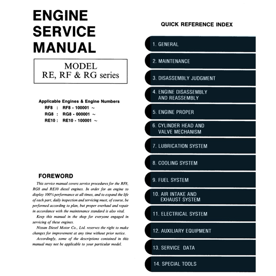 NISSAN UD DIESEL ENGINE RE10 / RF8 TC TD/ RG8 SERVICE REPAIR MANUAL