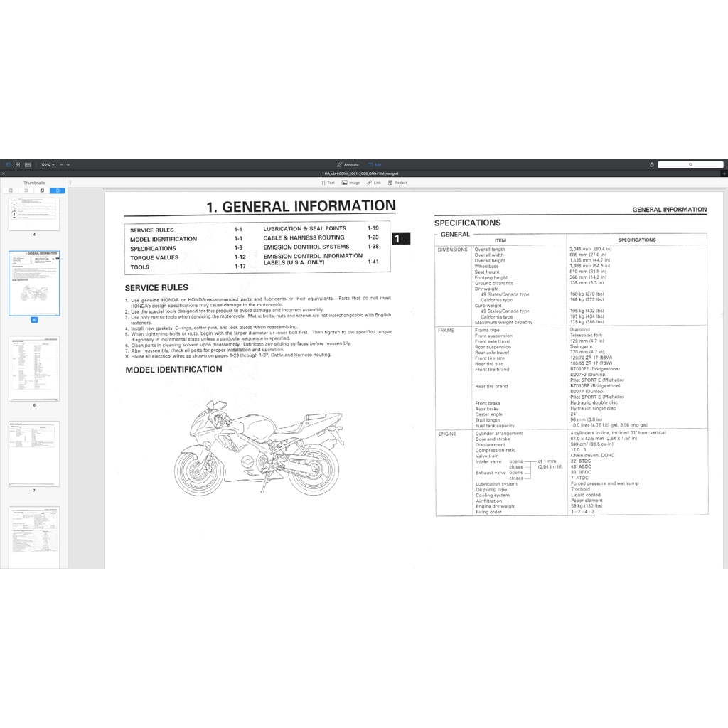 HONDA CBR600F4i (2001-2006) SERVICE WORKSHOP MANUAL + PARTS CATALOGUE + OWNER'S MANUAL