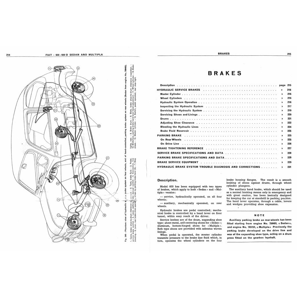 FIAT 600 SEDAN & MULTIPLA (1955-1969) SERVICE WORKSHOP MANUAL + INSTRUCTION MANUAL + PARTS LIST