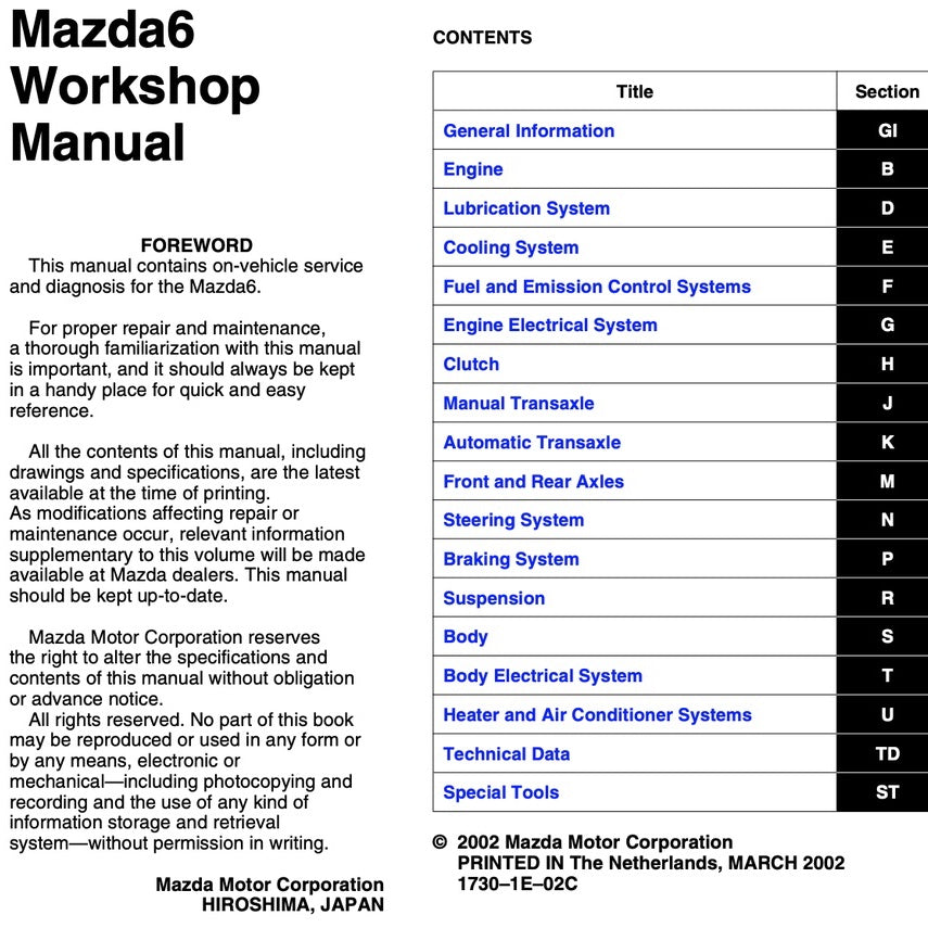 MAZDA 6 GG (2002-2007) SERVICE WORKSHOP MANUAL
