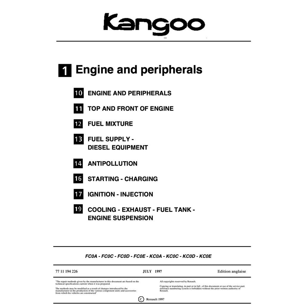 RENAULT KANGOO I X76 KC/KW (1997-2007) SERVICE WORKSHOP MANUAL