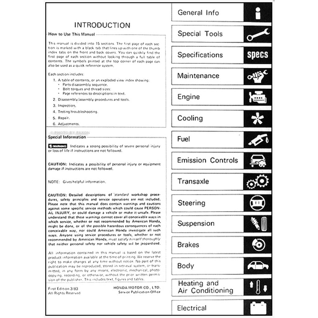 HONDA PRELUDE AB B1-6 BB (1982-1986) SERVICE WORKSHOP MANUAL