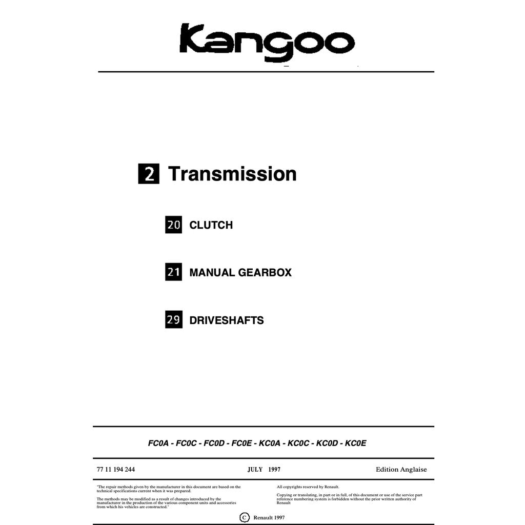 RENAULT KANGOO I X76 KC/KW (1997-2007) SERVICE WORKSHOP MANUAL