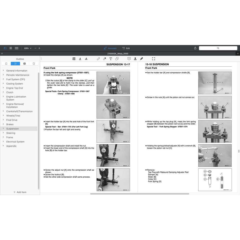KAWASAKI NINJA Z1000 SX (2017-2019) SERVICE WORKSHOP MANUAL + PARTS CATALOGUE + OWNER'S MANUAL