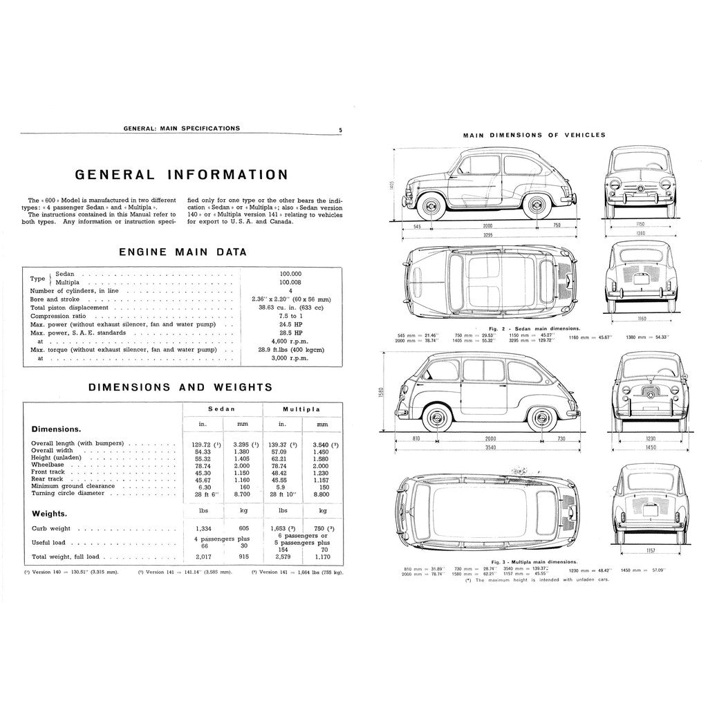 FIAT 600 SEDAN & MULTIPLA (1955-1969) SERVICE WORKSHOP MANUAL + INSTRUCTION MANUAL + PARTS LIST