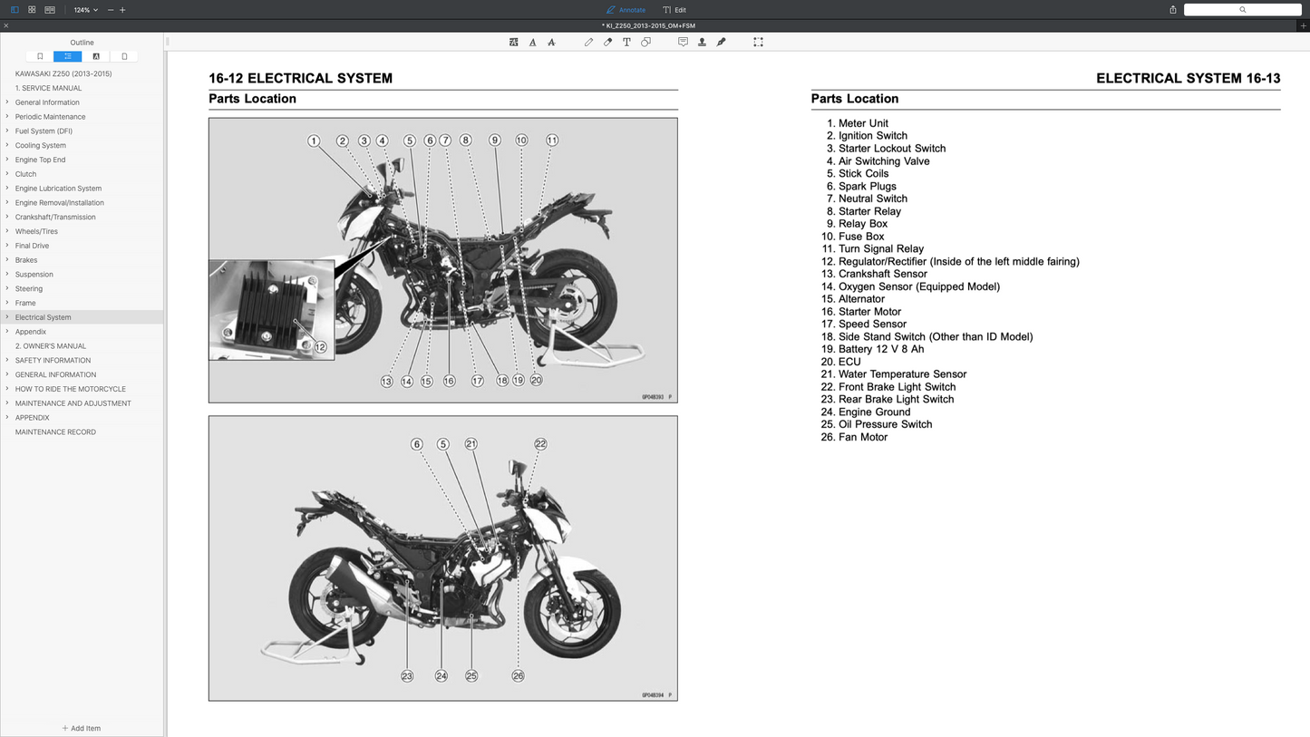 KAWASAKI Z250 (2013-2015) SERVICE WORKSHOP MANUAL + PARTS CATALOGUE + OWNER'S MANUAL
