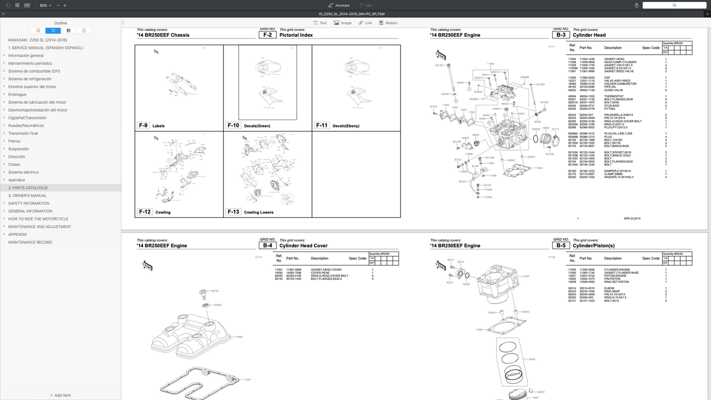 KAWASAKI Z250 SL (2014-2016) SERVICE WORKSHOP MANUAL (SPANISH LANGUAGE) + OWNER'S MANUAL+ PARTS CATALOGUE