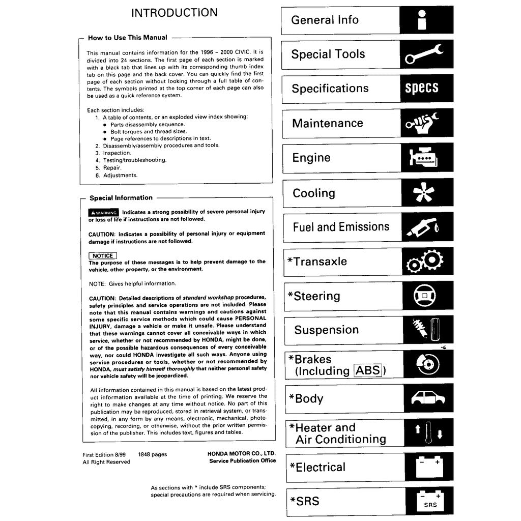 HONDA CIVIC 6 (1996-2000) SERVICE WORKSHOP MANUAL