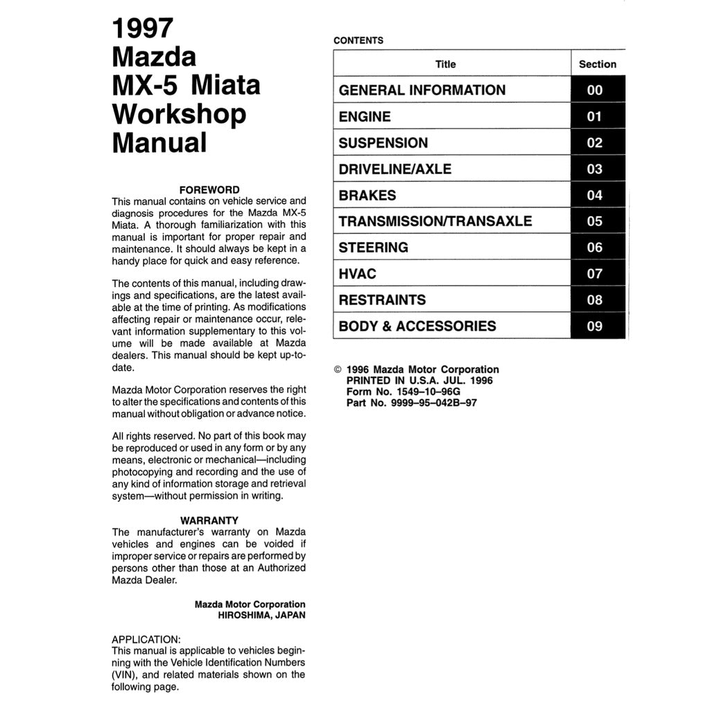 MAZDA MX-5 MIATA NA SERIES (1997) SERVICE WORKSHOP MANUAL
