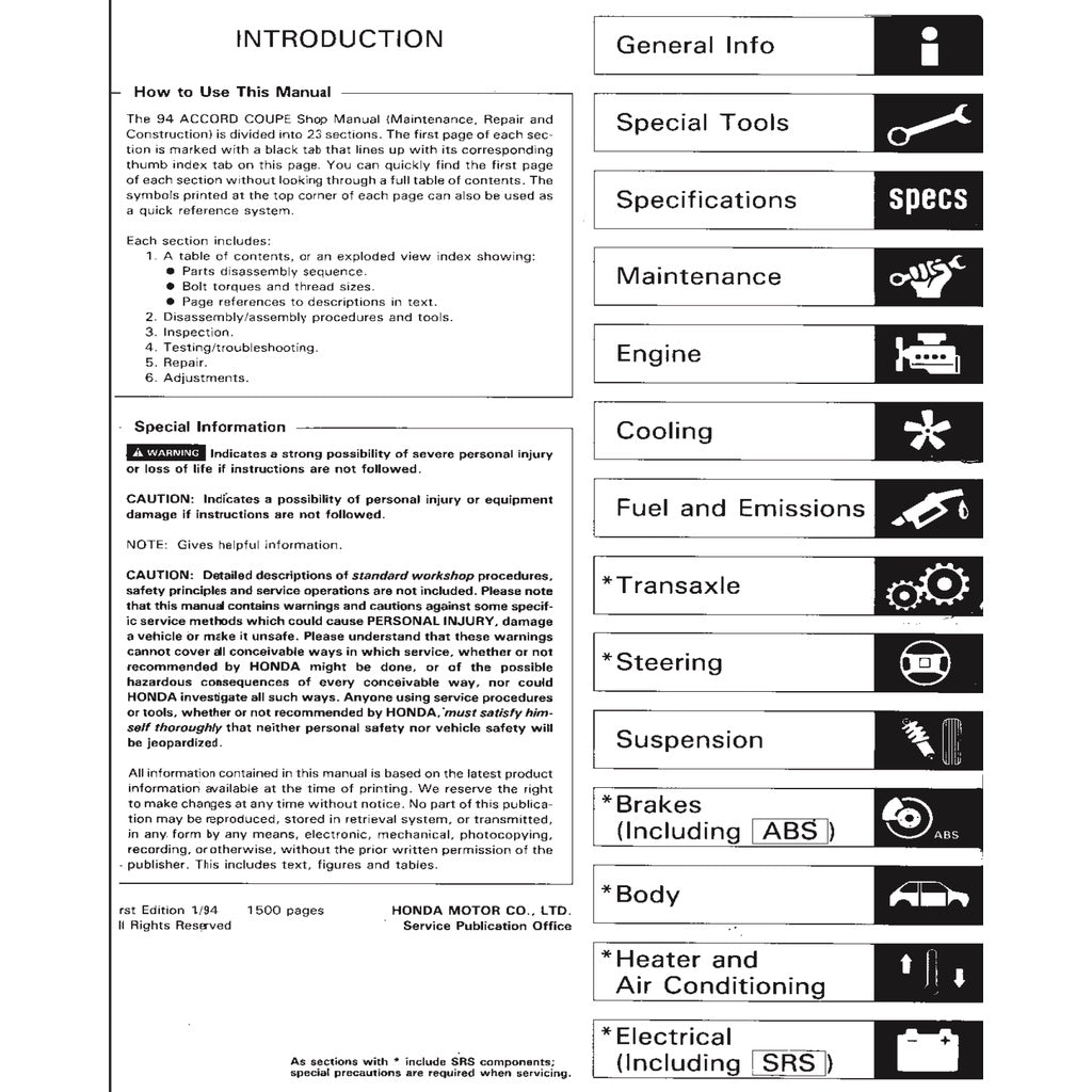 HONDA ACCORD 5 CD (1993-1997) SERVICE WORKSHOP MANUAL