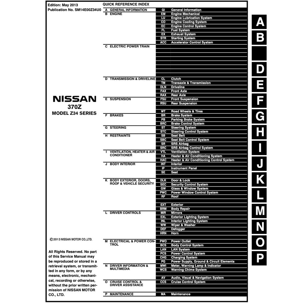 NISSAN 370Z SERIES Z34 (2009-2016) SERVICE WORKSHOP MANUAL