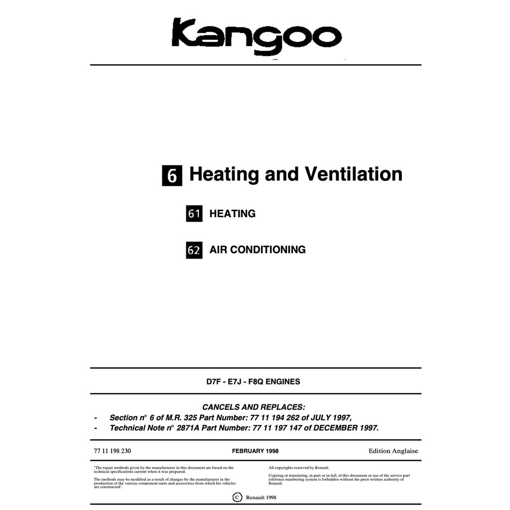 RENAULT KANGOO I X76 KC/KW (1997-2007) SERVICE WORKSHOP MANUAL